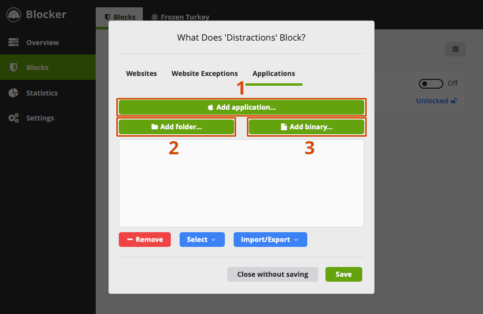 Screenshot of applications tab on macOS