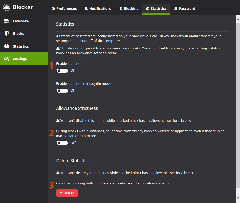 Screenshot of statistics settings